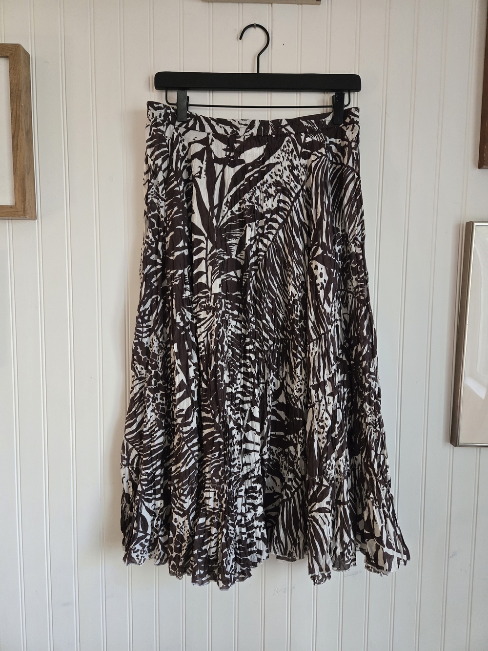 Coldwater Creek Silk Cotton Blend Brown and White Printed Midi Skirt